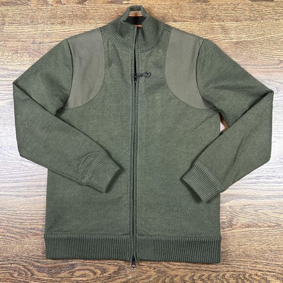 Beretta Sweater Mens Small Green Full Zip Shooting Shoulder Patches Hunting - Picture 1 of 9